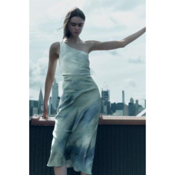 Zara Mint Green Satin One-Shoulder Midi Dress - Picture 2 of 12